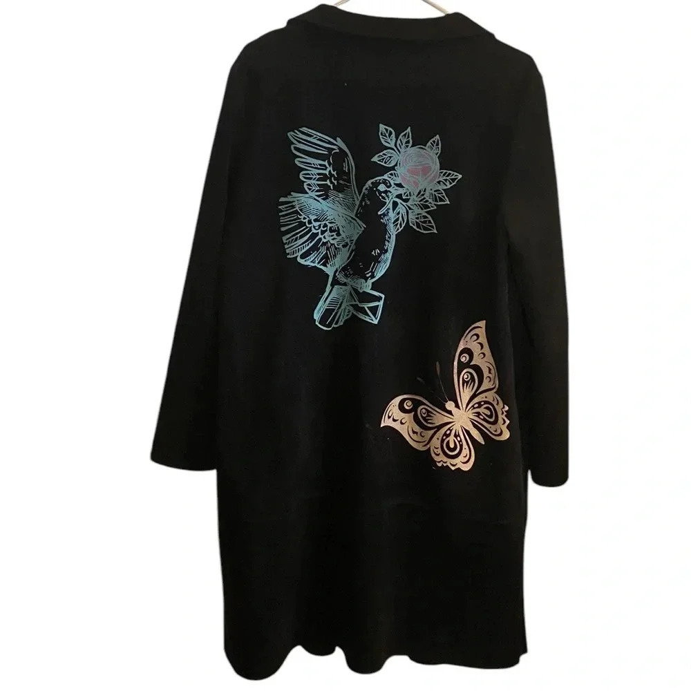 Y2K Zara black faux suede Tattoo Graphic butterfly humming bird Jacket - Picture 2 of 9